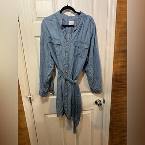 Light Wash Denim Shirt Dress with Waist Tie